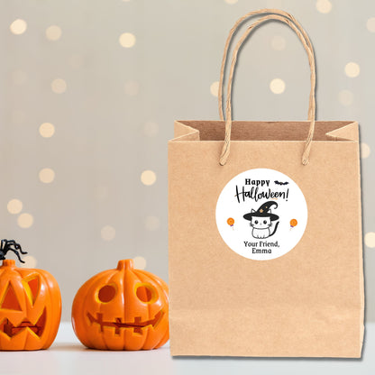 Personalized Halloween Cat Witch Stickers, Custom Halloween Goody Bag Label, Printed Kids Happy Halloween School Event Label, Gift Stickers