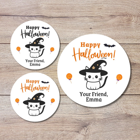 Personalized Halloween Cat Witch Stickers, Custom Halloween Goody Bag Label, Printed Kids Happy Halloween School Event Label, Gift Stickers