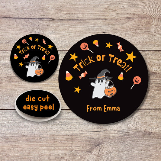 Personalized Halloween Stickers, Ghost Trick or Treat Custom Halloween Party Favor Labels