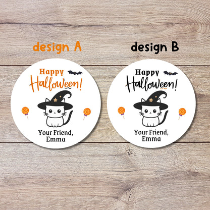 Personalized Halloween Cat Witch Stickers, Custom Halloween Goody Bag Label, Printed Kids Happy Halloween School Event Label, Gift Stickers