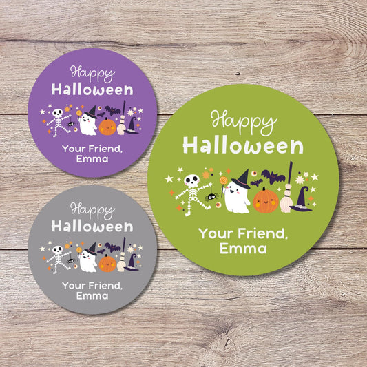 Personalized Halloween Ghost & Friends Stickers, Custom Halloween Goody Bag Label, Printed Kids Happy Halloween School Event Gift Label