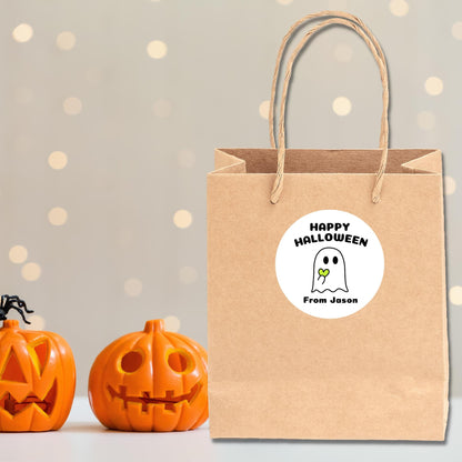 Personalized Halloween Ghost with Heart Stickers, Custom Halloween Goody Bag Label, Printed Kids Happy Halloween School Event Label