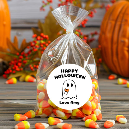Personalized Halloween Ghost with Heart Stickers, Custom Halloween Goody Bag Label, Printed Kids Happy Halloween School Event Label