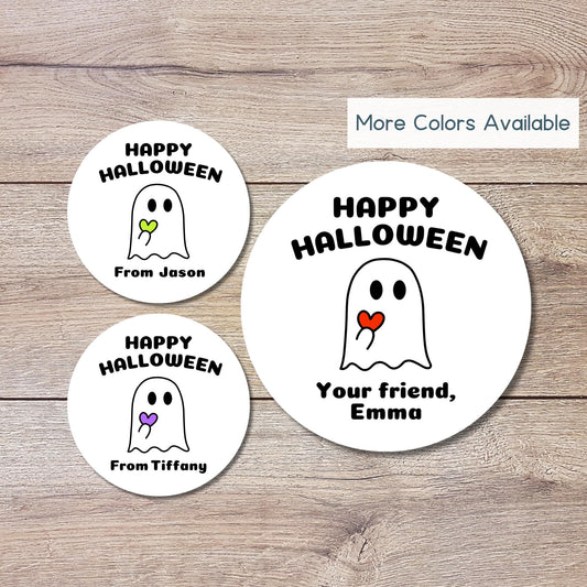 Personalized Halloween Ghost with Heart Stickers, Custom Halloween Goody Bag Label, Printed Kids Happy Halloween School Event Label