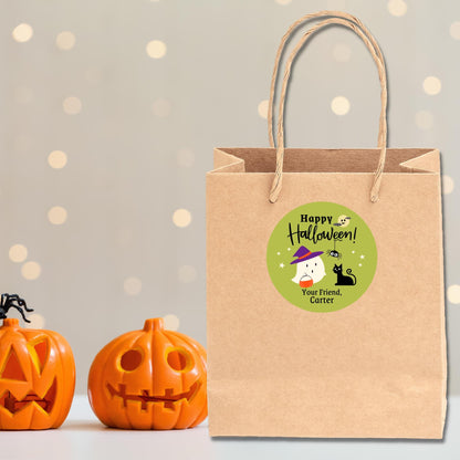 Personalized Halloween Ghost & Cat Stickers, Custom Halloween Goody Bag Label, Printed Kids Happy Halloween School Event Gift Label