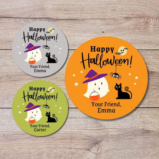 Personalized Halloween Ghost & Cat Stickers, Custom Halloween Goody Bag Label, Printed Kids Happy Halloween School Event Gift Label