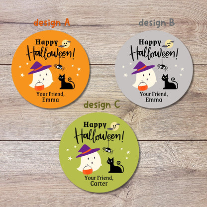 Personalized Halloween Ghost & Cat Stickers, Custom Halloween Goody Bag Label, Printed Kids Happy Halloween School Event Gift Label