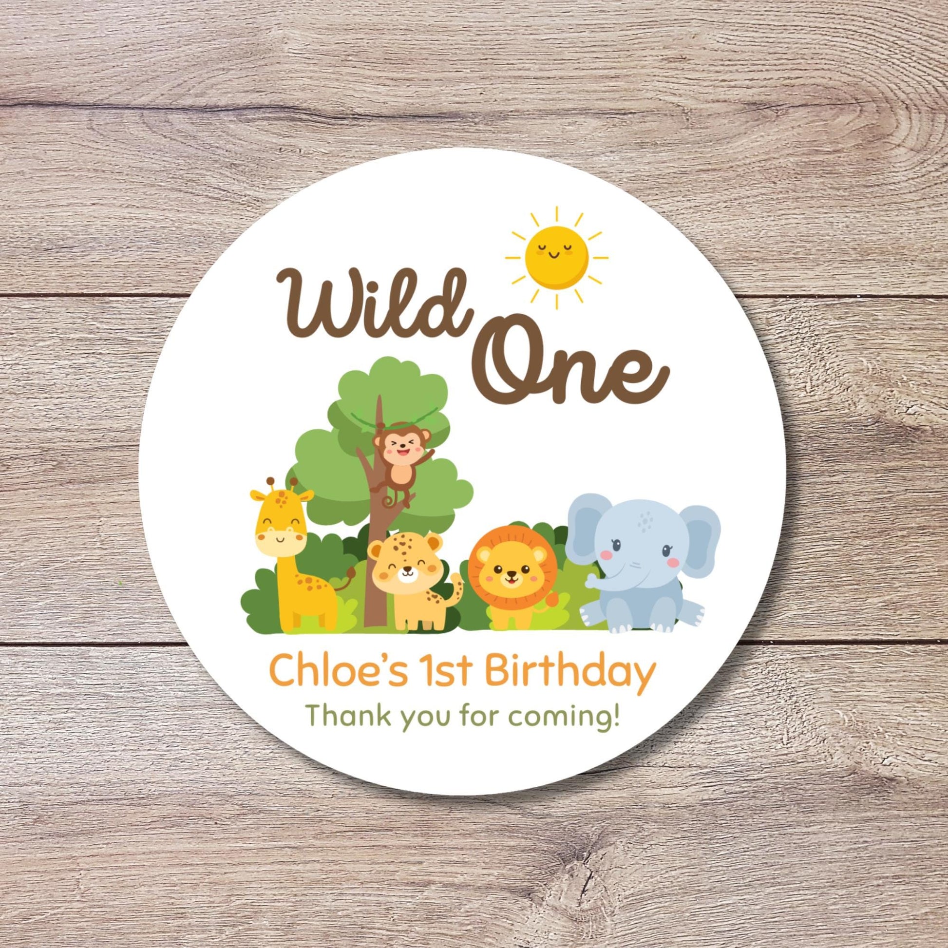 Personalized Safari Animals Wild One Birthday Sticker, Custom First Birthday Party Favor Labels, Kids Jungle Safari Thank You Birthday