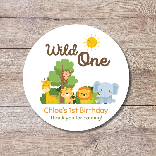 Personalized Safari Animals Wild One Birthday Sticker, Custom First Birthday Party Favor Labels, Kids Jungle Safari Thank You Birthday