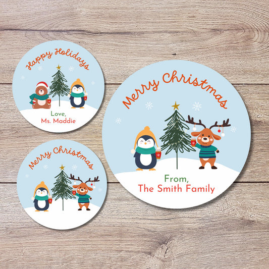 Personalized Merry Christmas Stickers, Custom Happy Holidays Penguin Bear Reindeer & Friends Label, Party Favor Gift Tag Stickers