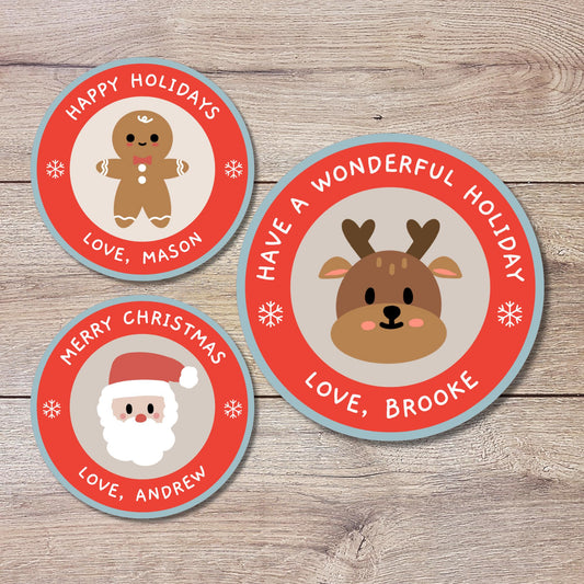 Personalized Merry Christmas Stickers, Custom Happy Holidays Santa Reindeer Design Labels, Party Favor Treat Bags Gift Tag Holiday Baking