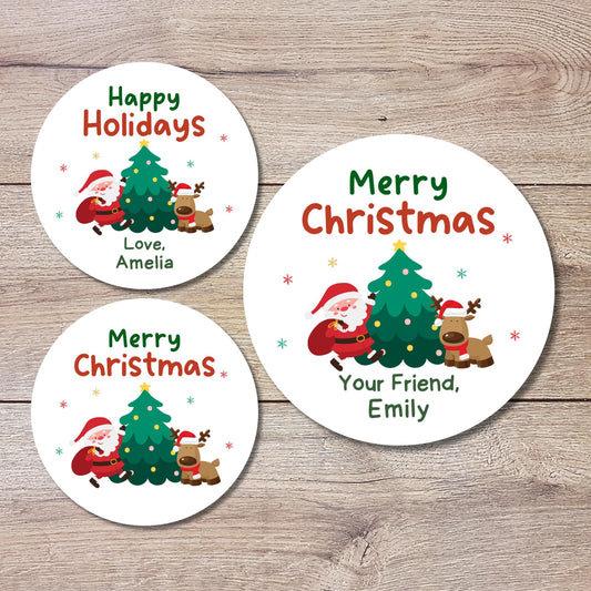 Personalized Christmas Santa & Reindeer Stickers, Custom Happy Holidays Design Labels, Holiday Baking Party Favor Treat Bags Gift Tag