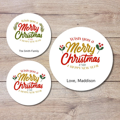 Personalized Merry Christmas Stickers, Custom Happy Holidays Design Labels, Holiday Baking Party Favor Treat Bags Gift Wrapping Tags