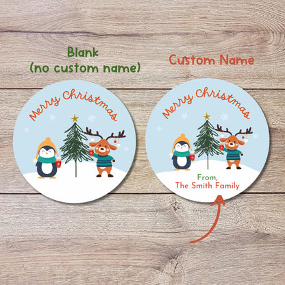 Personalized Merry Christmas Stickers, Custom Happy Holidays Penguin Bear Reindeer & Friends Label, Party Favor Gift Tag Stickers