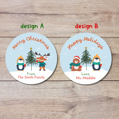 Personalized Merry Christmas Stickers, Custom Happy Holidays Penguin Bear Reindeer & Friends Label, Party Favor Gift Tag Stickers