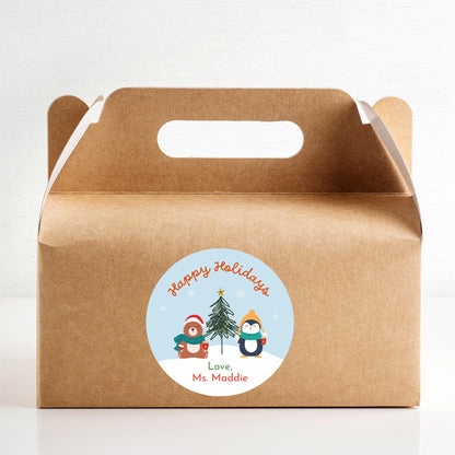 Personalized Merry Christmas Stickers, Custom Happy Holidays Penguin Bear Reindeer & Friends Label, Party Favor Gift Tag Stickers