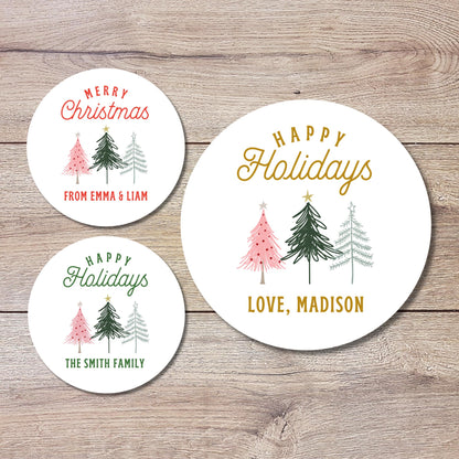 Personalized Christmas Tree Stickers, Custom Happy Holidays Merry Christmas Labels, Party Favor Gift Tags, Gift Boxes, Envelope Seals