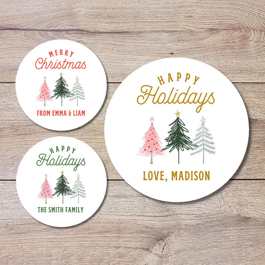 Personalized Christmas Tree Stickers, Custom Happy Holidays Merry Christmas Labels, Party Favor Gift Tags, Gift Boxes, Envelope Seals