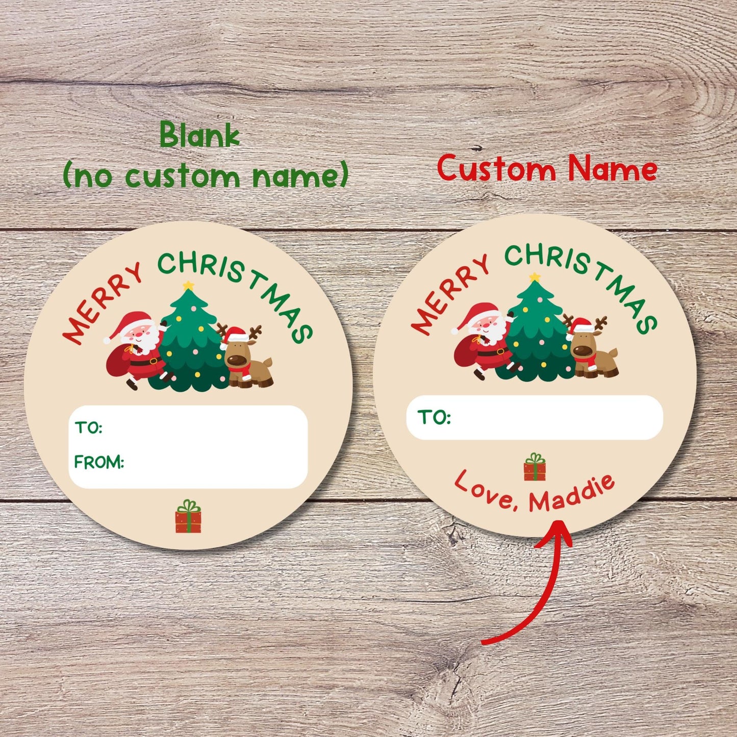 Merry Christmas Santa & Reindeer To and From Stickers, Personalized Happy Holiday Label, Custom Labels for Gift Tag Treat Bag Baked Goods