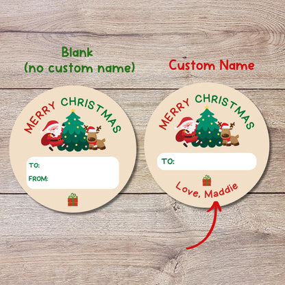 Merry Christmas Santa & Reindeer To and From Stickers, Personalized Happy Holiday Label, Custom Labels for Gift Tag Treat Bag Baked Goods