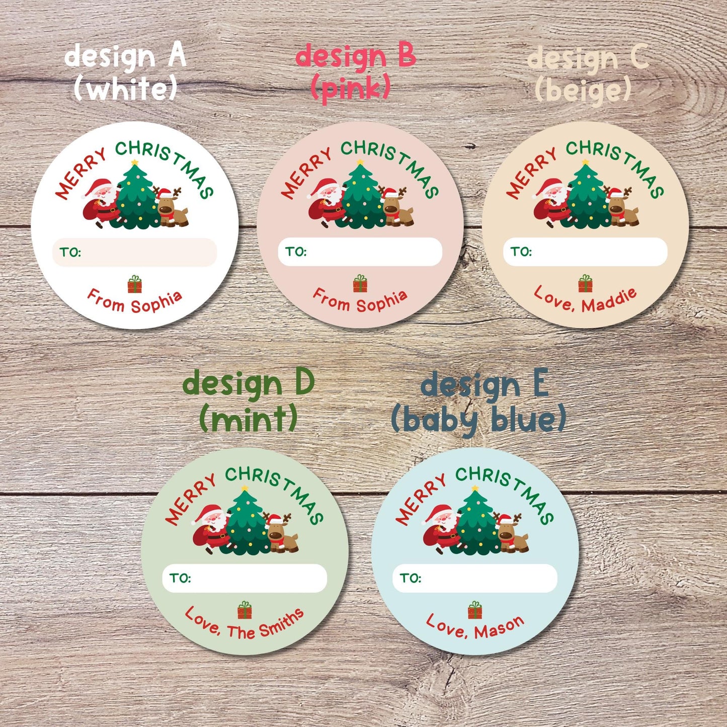 Merry Christmas Santa & Reindeer To and From Stickers, Personalized Happy Holiday Label, Custom Labels for Gift Tag Treat Bag Baked Goods