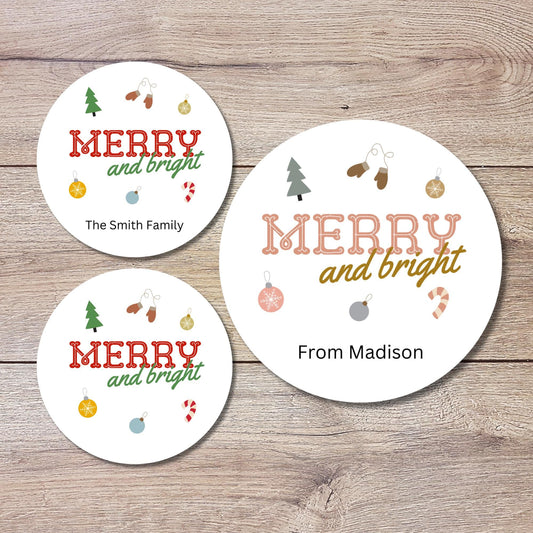 Personalized Merry and Bright Christmas Stickers, Custom Happy Holidays Labels, Holiday Baking Party Favor Treat Bags, Christmas Gift Tags