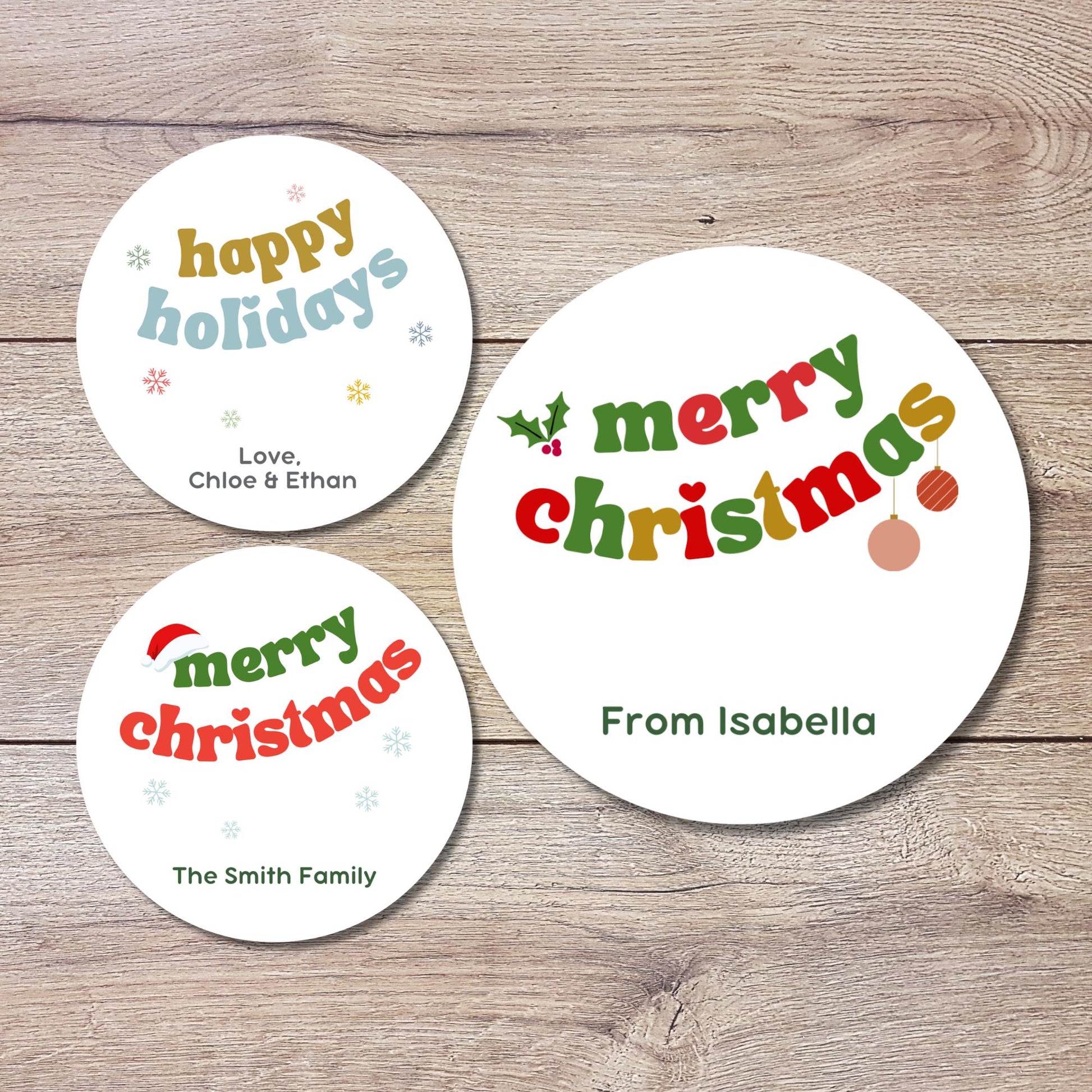 Personalized Merry Christmas Stickers, Custom Happy Holidays Labels, Holiday Baking Party Favor Treat Bags, Christmas Wrapping Gift Tags