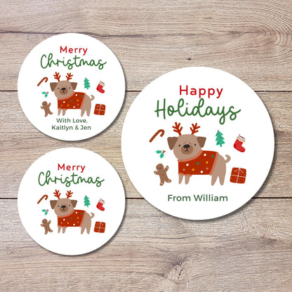 Personalized Christmas Pug Stickers, Custom Happy Holidays Labels, Funny Animal Dog Pug Christmas Wrapping Gift Tags, Party Favor Stickers