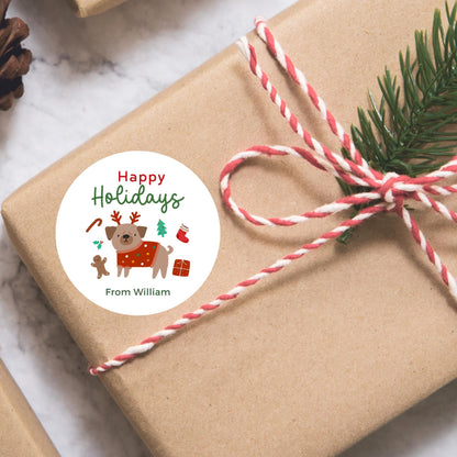 Personalized Christmas Pug Stickers, Custom Happy Holidays Labels, Funny Animal Dog Pug Christmas Wrapping Gift Tags, Party Favor Stickers