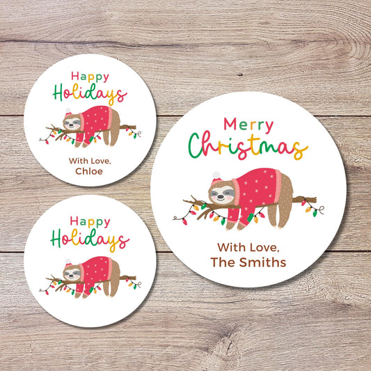 Personalized Christmas Sloth Stickers, Custom Happy Holidays Labels, Funny Animal Sloth Merry Christmas Wrapping Gift Tags, Party Favor