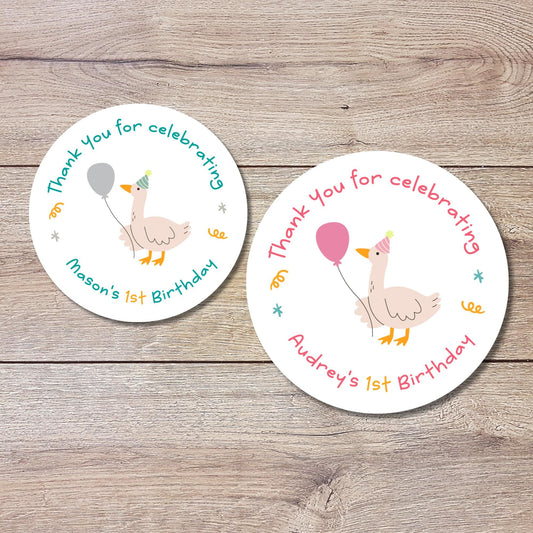 Personalized Happy Birthday Goose Stickers, Goody Bag Stickers, Custom Birthday Label, Kids Birthday Animal Stickers, Cute Birthday Stickers