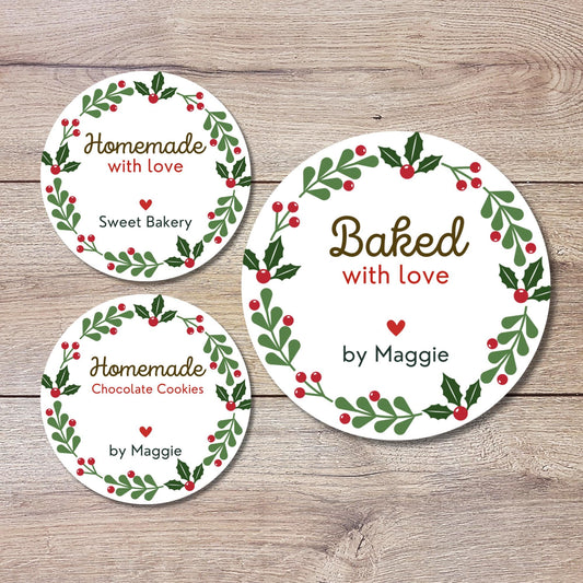 Christmas Baking Stickers, Personalized Christmas Baked with Love Labels, Custom Made with Love Gift Tags, Happy Holiday Home Baking