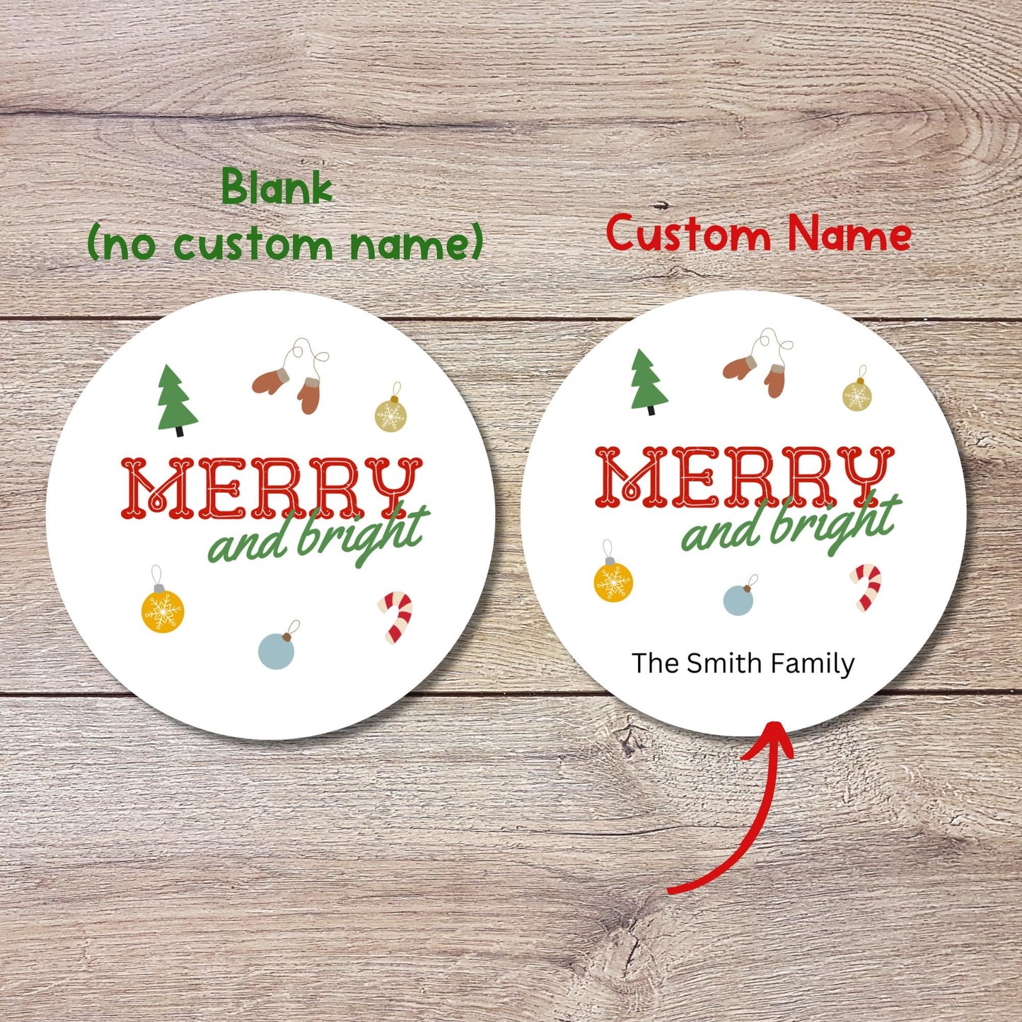 Personalized Merry and Bright Christmas Stickers, Custom Happy Holidays Labels, Holiday Baking Party Favor Treat Bags, Christmas Gift Tags