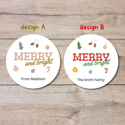 Personalized Merry and Bright Christmas Stickers, Custom Happy Holidays Labels, Holiday Baking Party Favor Treat Bags, Christmas Gift Tags