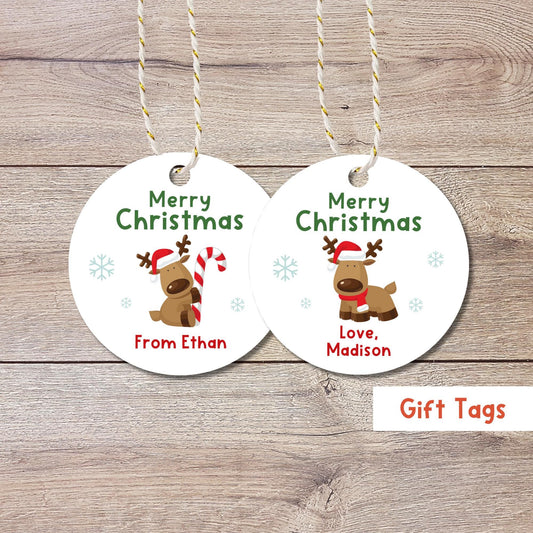 Personalized Christmas Reindeer Gift Tags, Custom Holiday Gift Tags, Matte Finish, Goody Bag Party Favor Tags, Gift Wrap Tags