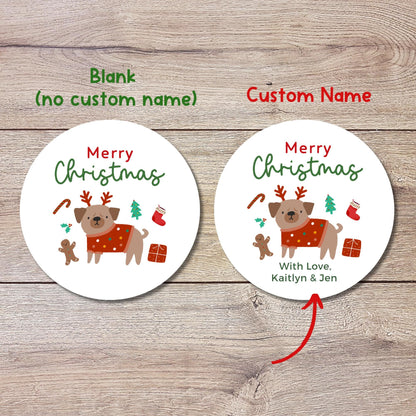 Personalized Christmas Pug Stickers, Custom Happy Holidays Labels, Funny Animal Dog Pug Christmas Wrapping Gift Tags, Party Favor Stickers