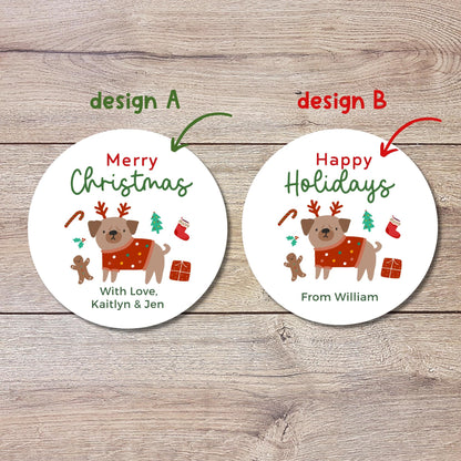 Personalized Christmas Pug Stickers, Custom Happy Holidays Labels, Funny Animal Dog Pug Christmas Wrapping Gift Tags, Party Favor Stickers
