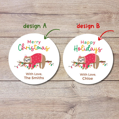 Personalized Christmas Sloth Stickers, Custom Happy Holidays Labels, Funny Animal Sloth Merry Christmas Wrapping Gift Tags, Party Favor