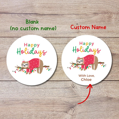 Personalized Christmas Sloth Stickers, Custom Happy Holidays Labels, Funny Animal Sloth Merry Christmas Wrapping Gift Tags, Party Favor