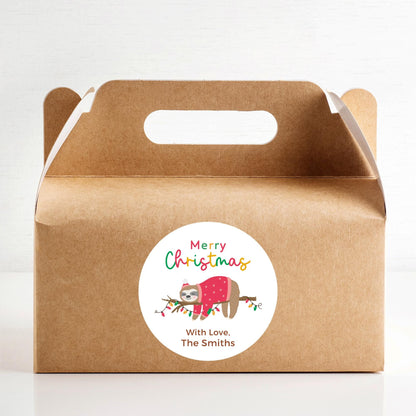 Personalized Christmas Sloth Stickers, Custom Happy Holidays Labels, Funny Animal Sloth Merry Christmas Wrapping Gift Tags, Party Favor