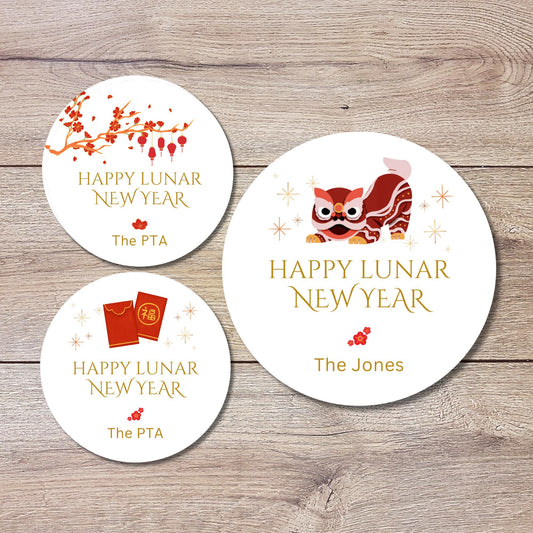 Personalized Happy Lunar New Year Stickers, Custom Chinese New Year Party Labels, Holiday Baking Party Favor Treat Bags Gift Labels