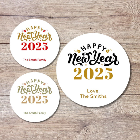 Personalized Happy New Year 2025 Stickers, Custom New Year's Eve Party Labels, Holiday Baking Party Favor Treat Bags Gift Labels