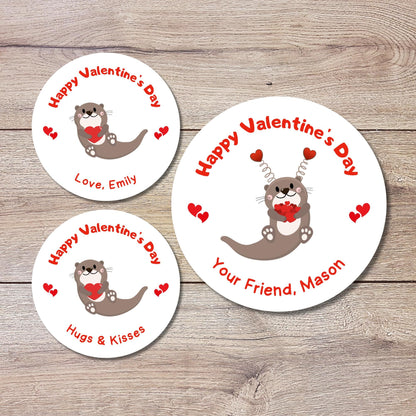 Personalized Valentine's Day Otter Stickers, Sea Otter Happy Valentine Label, Custom School Classroom Party Favor Treat Bag Stickers