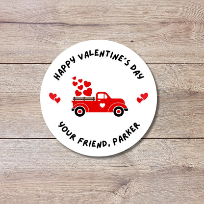 Personalized Valentine's Day Stickers, Red Truck Happy Valentine Label, Custom School Classroom Party Favor Treat Bag Stickers