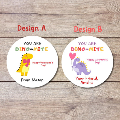 Personalized You are Dino Mite Valentine's Day Stickers, Custom Dinosaur Valentine School Classroom Party Favor Treat Bag Labels For Friends