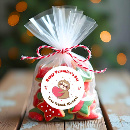 Personalized Valentine's Day Sloth Stickers, Sloth Happy Valentine Label, Custom School Classroom Party Favor Treat Bag Stickers