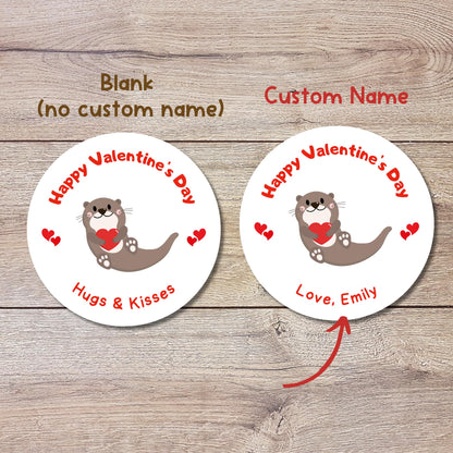Personalized Valentine's Day Otter Stickers, Sea Otter Happy Valentine Label, Custom School Classroom Party Favor Treat Bag Stickers