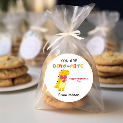 Personalized You are Dino Mite Valentine's Day Stickers, Custom Dinosaur Valentine School Classroom Party Favor Treat Bag Labels For Friends