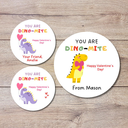 Personalized You are Dino Mite Valentine's Day Stickers, Custom Dinosaur Valentine School Classroom Party Favor Treat Bag Labels For Friends