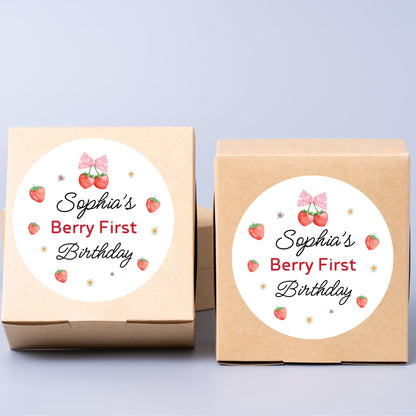 Personalized Berry First Birthday Stickers, Custom 1st Birthday Party Favor Goody Bag Labels, Girls Thank You Birthday Pink Sticker